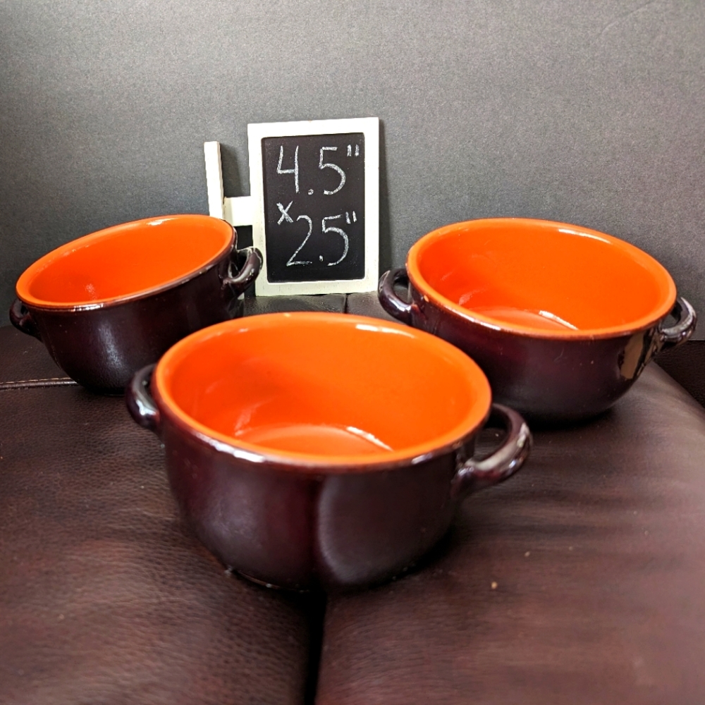 Vintage‎ redware brown/ orange glazed crockery soup bowls with handles lot of 3